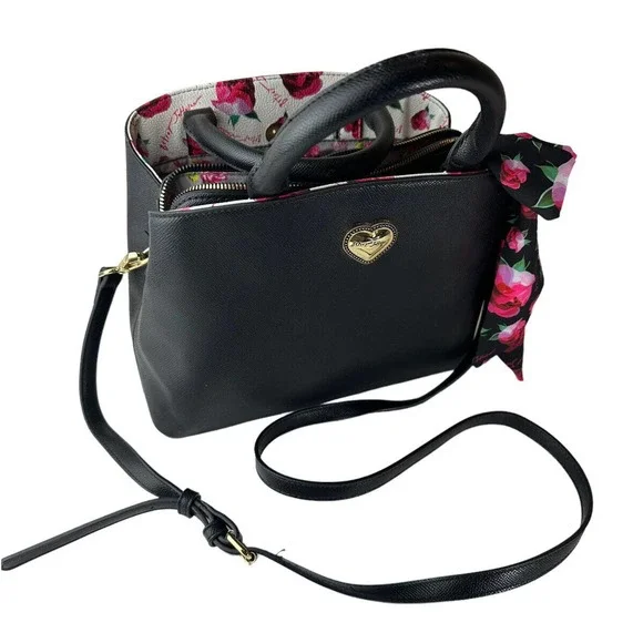 Betsey Johnson Gigi Triple Compartment Satchel W/ Scarf Black Purse Shoulder Bag - Picture 4 of 13